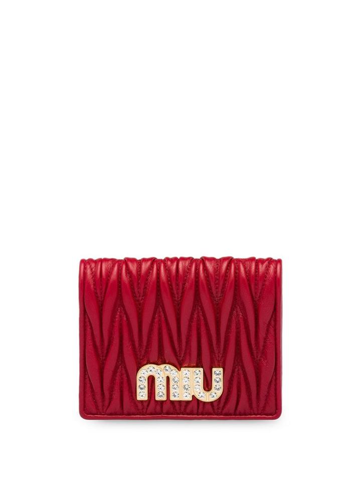 Miu Miu Matelassé Embellished Logo Wallet - Red