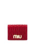 Miu Miu Matelassé Embellished Logo Wallet - Red