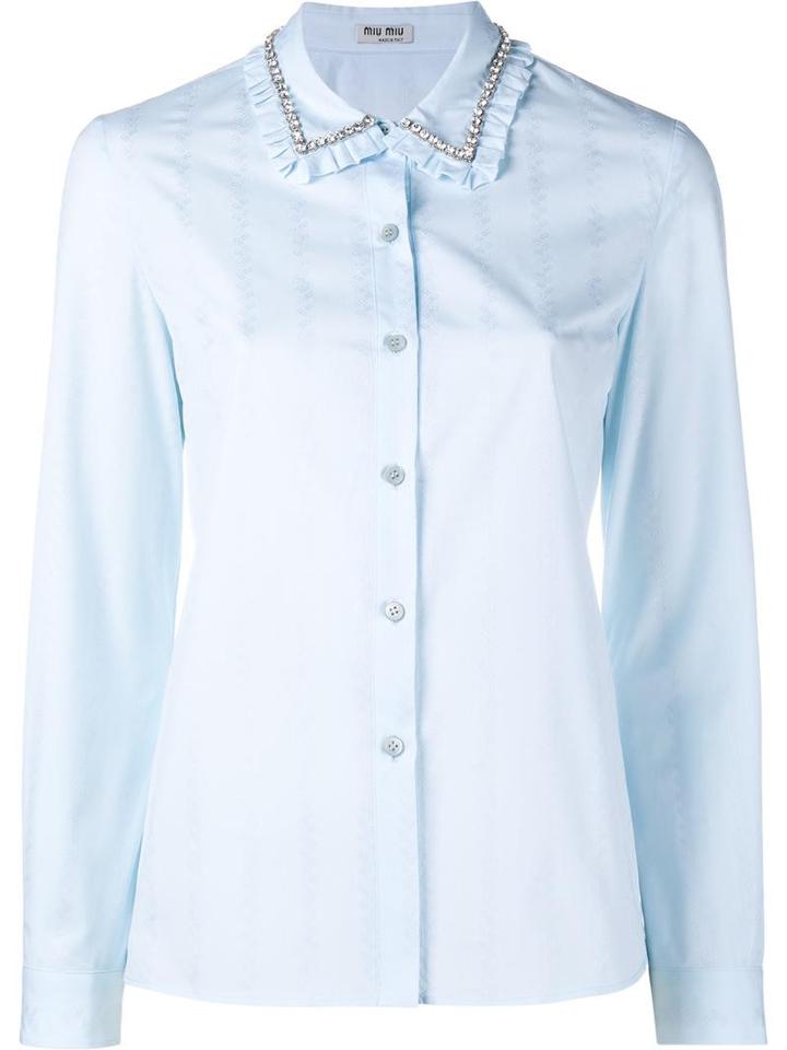 Miu Miu Embellished Ruffle Collar Shirt, Women's, Size: 42, Blue, Cotton/metal/glass
