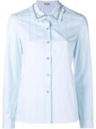 Miu Miu Embellished Ruffle Collar Shirt, Women's, Size: 42, Blue, Cotton/metal/glass