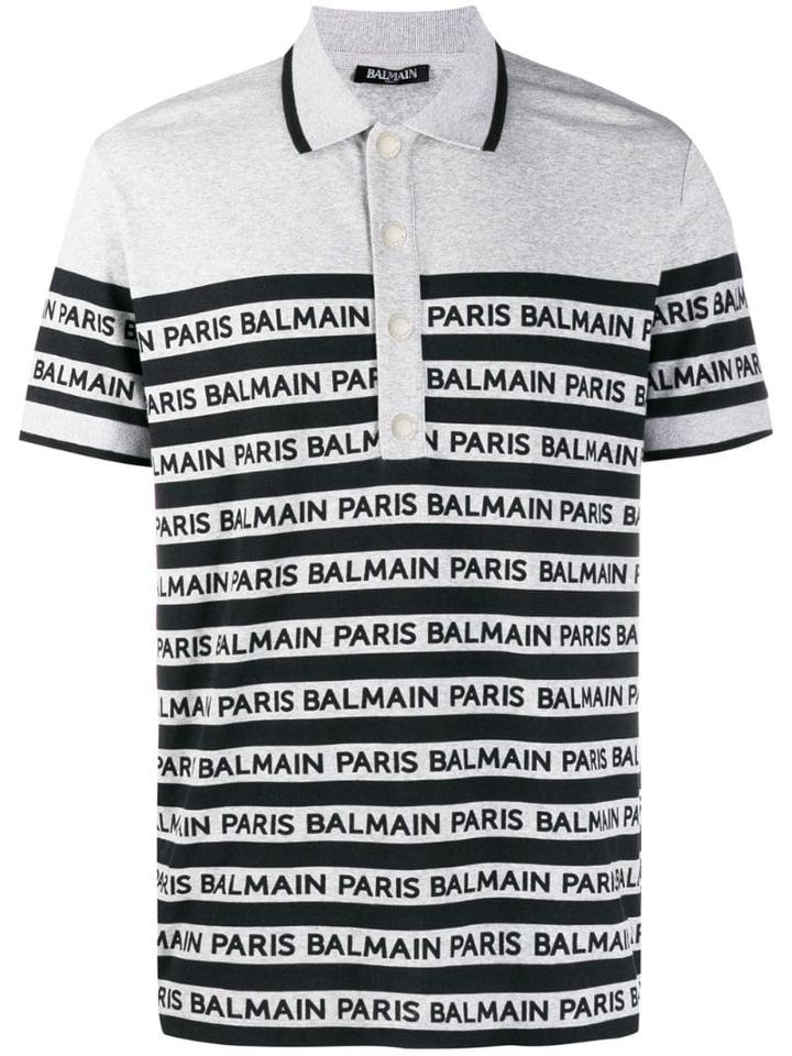 Balmain Logo Striped Polo Shirt - Grey