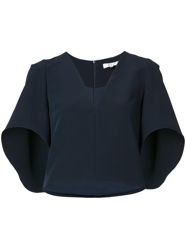 Milly - Ruffled Sleeves Cropped Blouse - Women - Polyester/spandex/elastane - L, Blue, Polyester/spandex/elastane