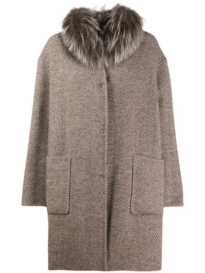 Manzoni 24 Fur Trim Herringbone Coat - Brown