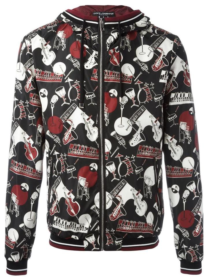 Dolce & Gabbana Musical Instrument Print Jacket, Men's, Size: 48, Black, Polyamide/polyester