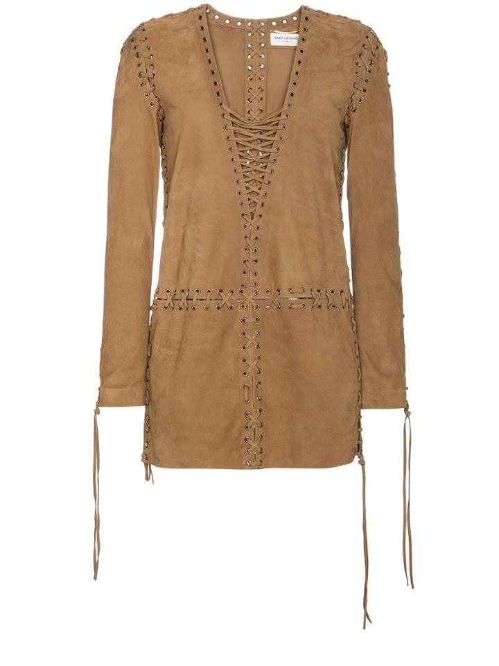 Saint Laurent Lace-up Suede Dress - Brown