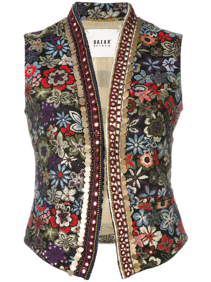 Bazar Deluxe - Floral Embroidery Gilet - Women - Cotton/acrylic/polyamide/silk - 44, Black, Cotton/acrylic/polyamide/silk