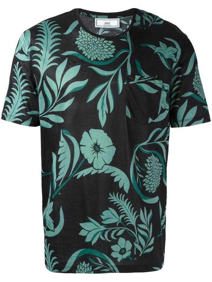 Ami Alexandre Mattiussi Floral Print Chest Pocket T-shirt, Men's, Size: Xl, Black, Cotton