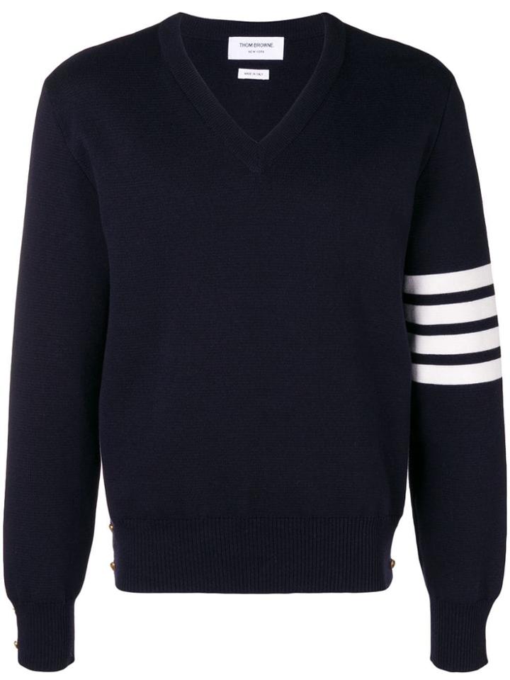 Thom Browne 4-bar Milano Stitch V-neck Pullover - Blue