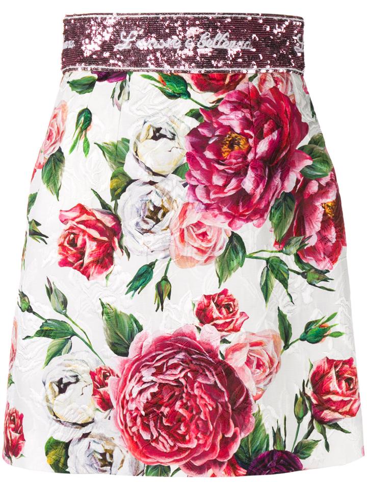 Dolce & Gabbana Rose Print Brocade Mini Skirt - White