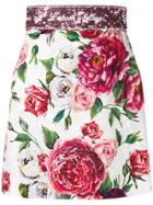 Dolce & Gabbana Rose Print Brocade Mini Skirt - White