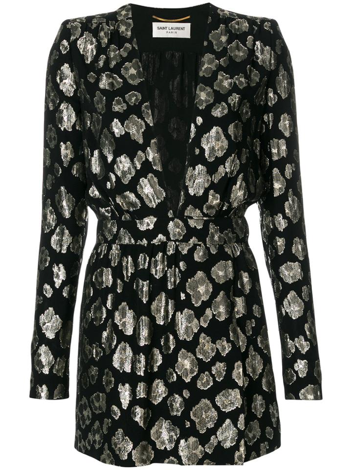 Saint Laurent V-neck Floral Mini Dress - Black