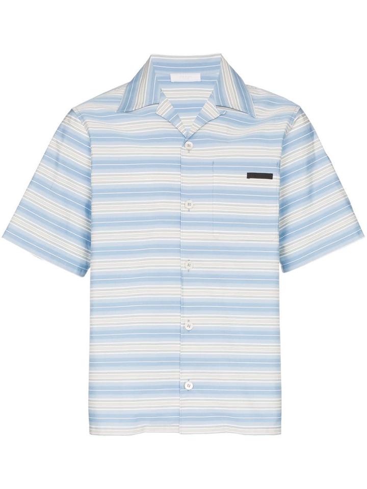 Prada Stripe Print Logo Tab Cotton Shirt - Blue