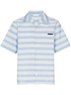 Prada Stripe Print Logo Tab Cotton Shirt - Blue