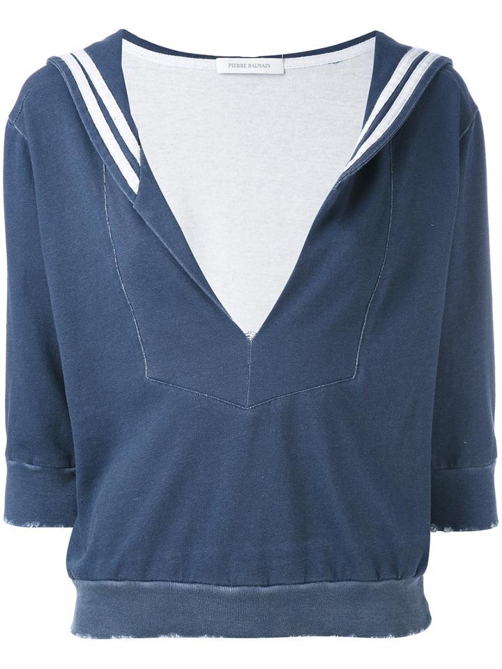 Pierre Balmain - Sailor Collar Top - Women - Cotton - 40, Blue, Cotton