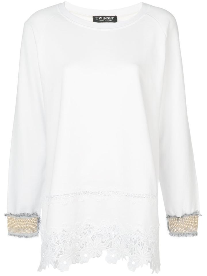 Twin-set - Flower Trimmed Tunic Top - Women - Silk/cotton/polyester - L, White, Silk/cotton/polyester