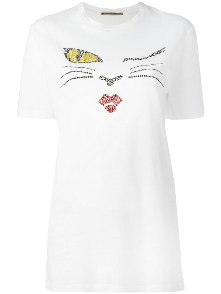 Ermanno Scervino Cat Print T-shirt, Size: 44, White, Cotton