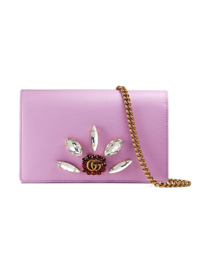 Gucci Leather Mini Chain Bag With Double G And Crystals - Pink &