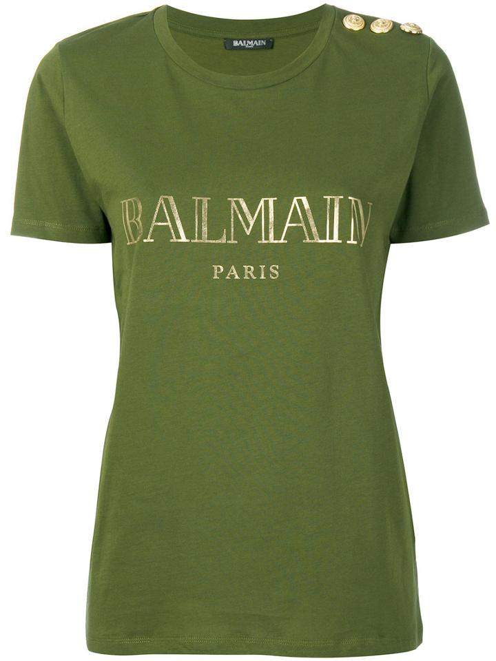 Balmain - Logo Print T-shirt - Women - Cotton - 34, Green, Cotton