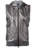 Eleventy Sleeveless Hooded Jacket, Women's, Size: 46, Grey, Leather/polyester
