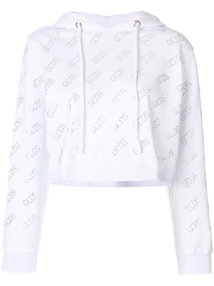 Gcds Logo Print Cropped Hoodie - White