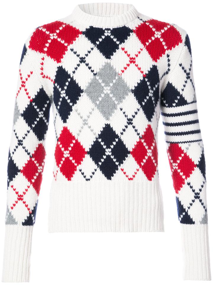 Thom Browne Crewneck Pullover With Argyle Intarsia And White 4-bar