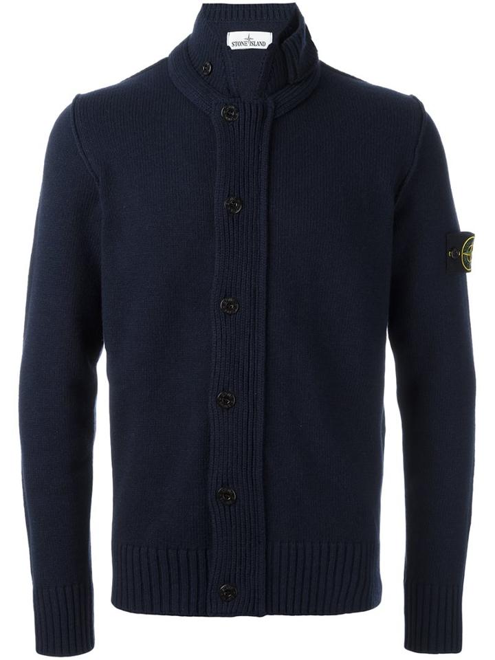 Stone Island High Standing Collar Cardigan, Men's, Size: Xl, Blue, Polyamide/wool