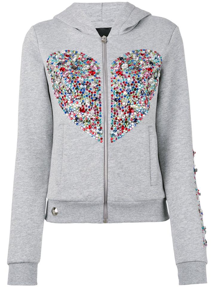 Philipp Plein - Embellished Heart Hoodie - Women - Cotton/acrylic/polyester/spandex/elastane - S, Grey, Cotton/acrylic/polyester/spandex/elastane