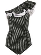 Lisa Marie Fernandez - Arden Polka Dot Ruffle Swimsuit - Women - Nylon/spandex/elastane - 2, Black, Nylon/spandex/elastane