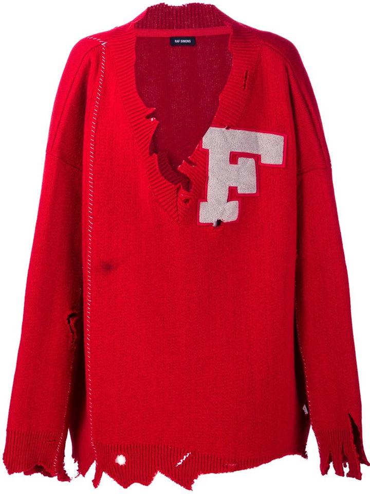 Raf Simons V-neck Oversized Sweater, Men's, Red, Virgin Wool