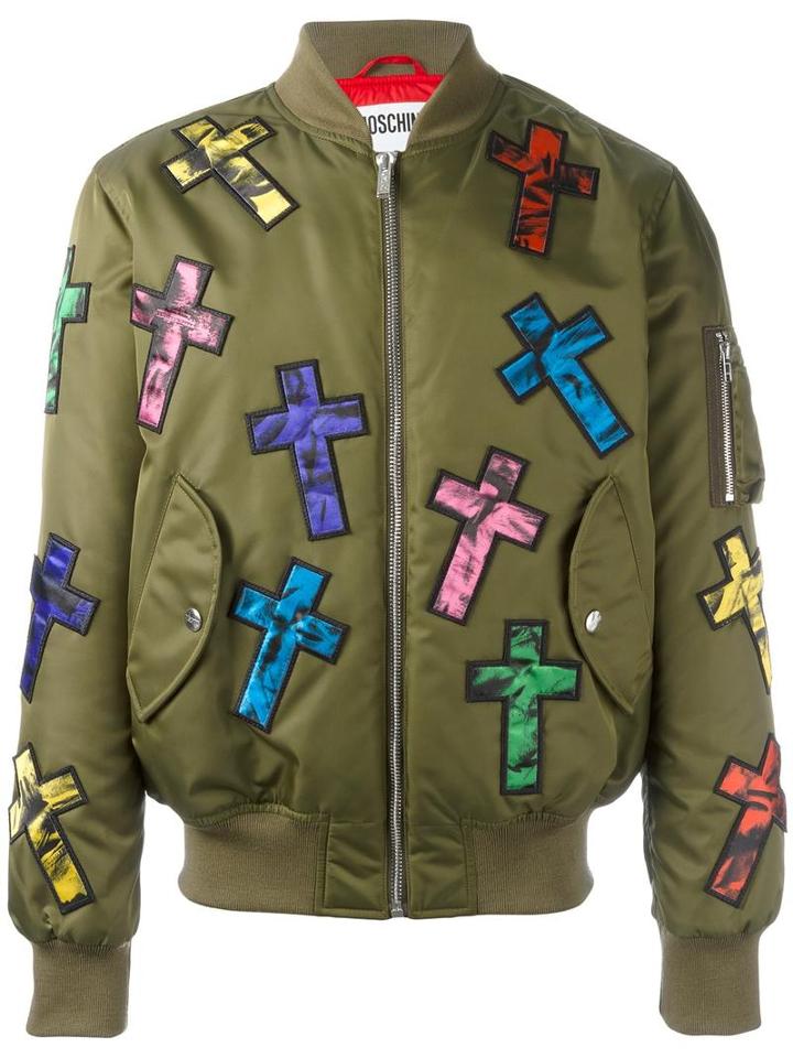 Moschino Cross Patch Bomber, Men's, Size: 48, Green, Polyamide/polyurethane/polyester