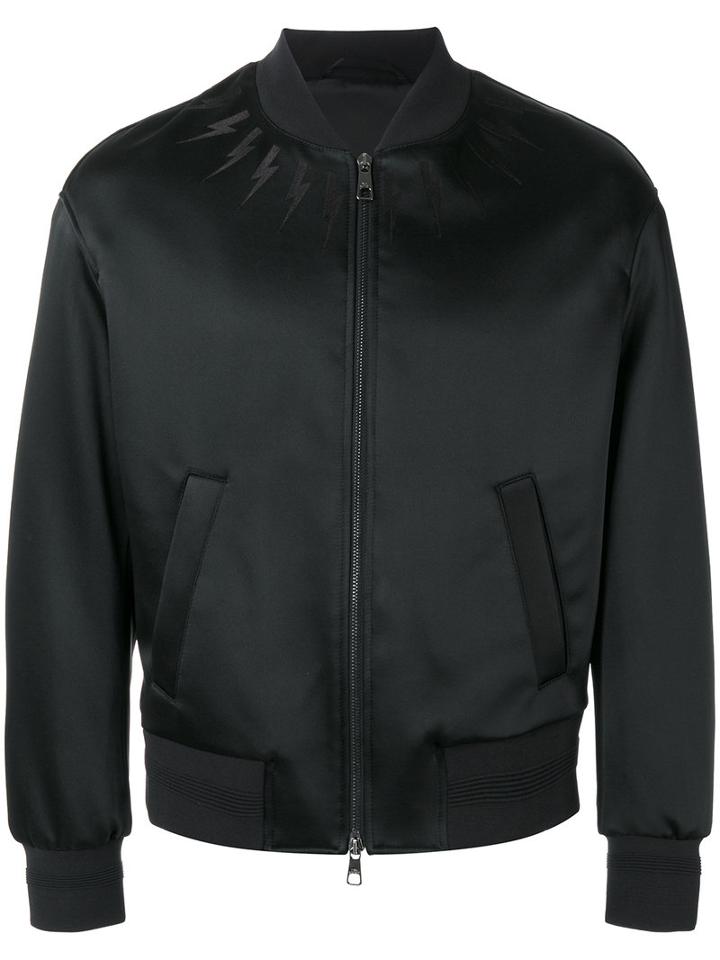 Neil Barrett Lightning Bolt Bomber Jacket, Men's, Size: Medium, Black, Polyamide/polyester/acetate/cotton