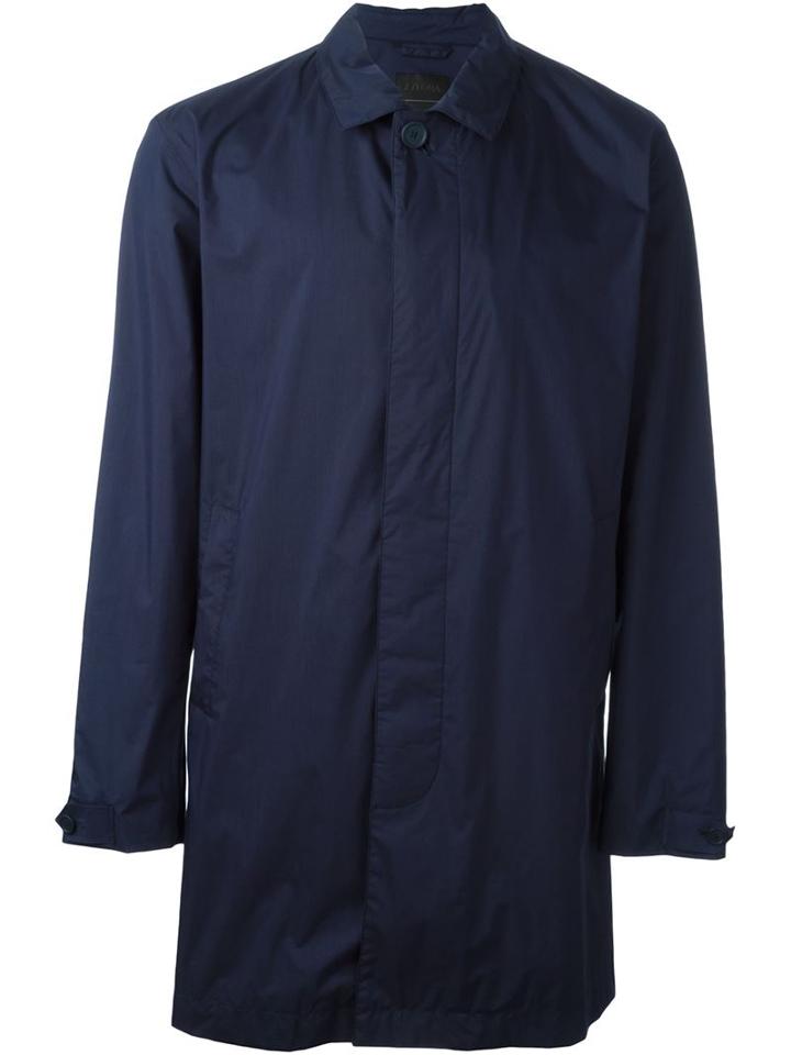 Z Zegna Classic Raincoat, Men's, Size: L, Blue, Cotton/polyamide