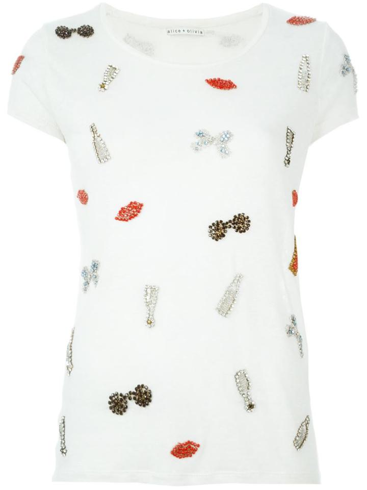 Alice+olivia Crystal Embellished T-shirt, Women's, Size: Small, White, Linen/flax