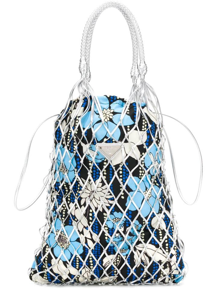 Prada Floral Print Net Tote Bag - Silver