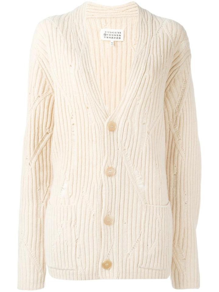 Maison Margiela Distressed Effect Ribbed Cardigan, Men's, Size: Medium, Nude/neutrals, Wool