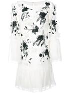 Marchesa Notte Flower Embellished Ruffle Dress - White
