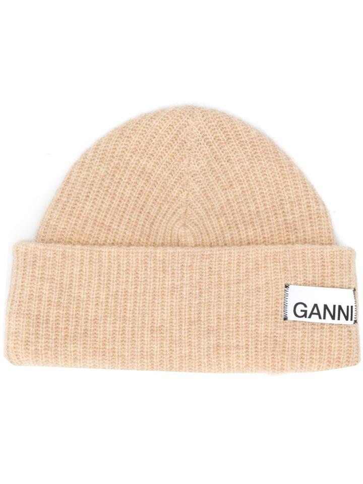 Ganni Logo Ribbed Beanie - Brown