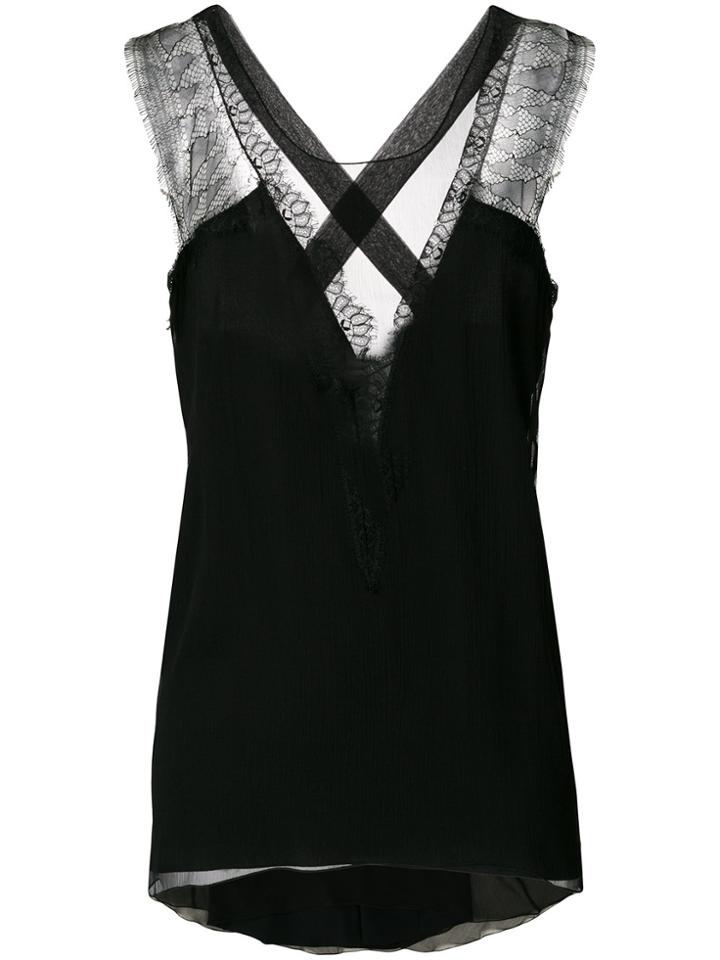 Alberta Ferretti Lace Trimmed V-neck Evening Blouse - Black