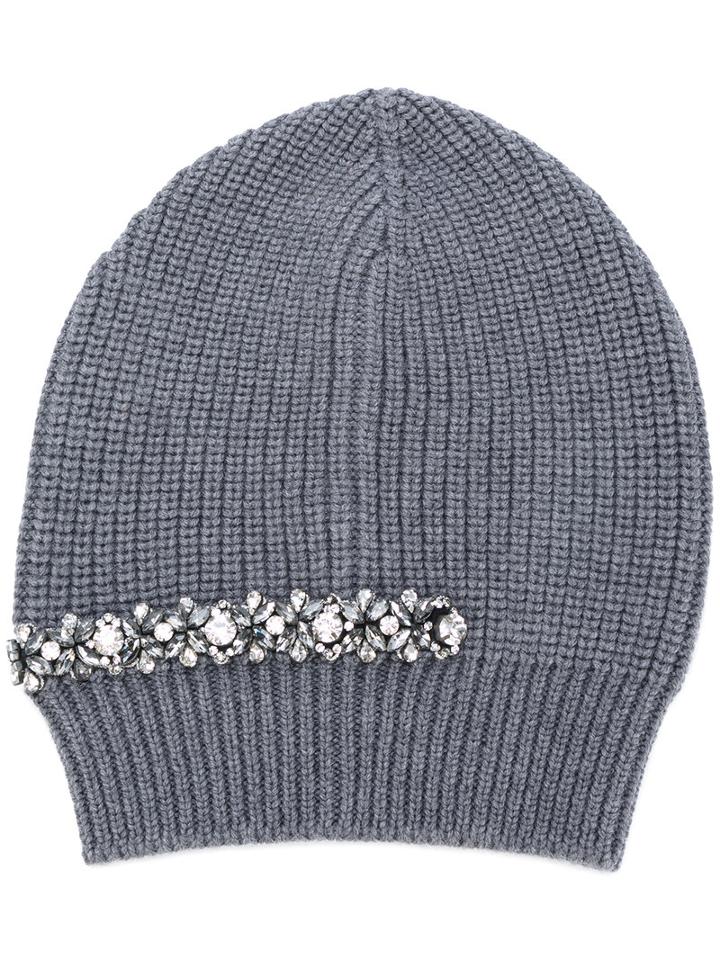 No21 - Crystal Embellished Ribbed Beanie - Women - Silk/virgin Wool/metal/glass - One Size, Grey, Silk/virgin Wool/metal/glass