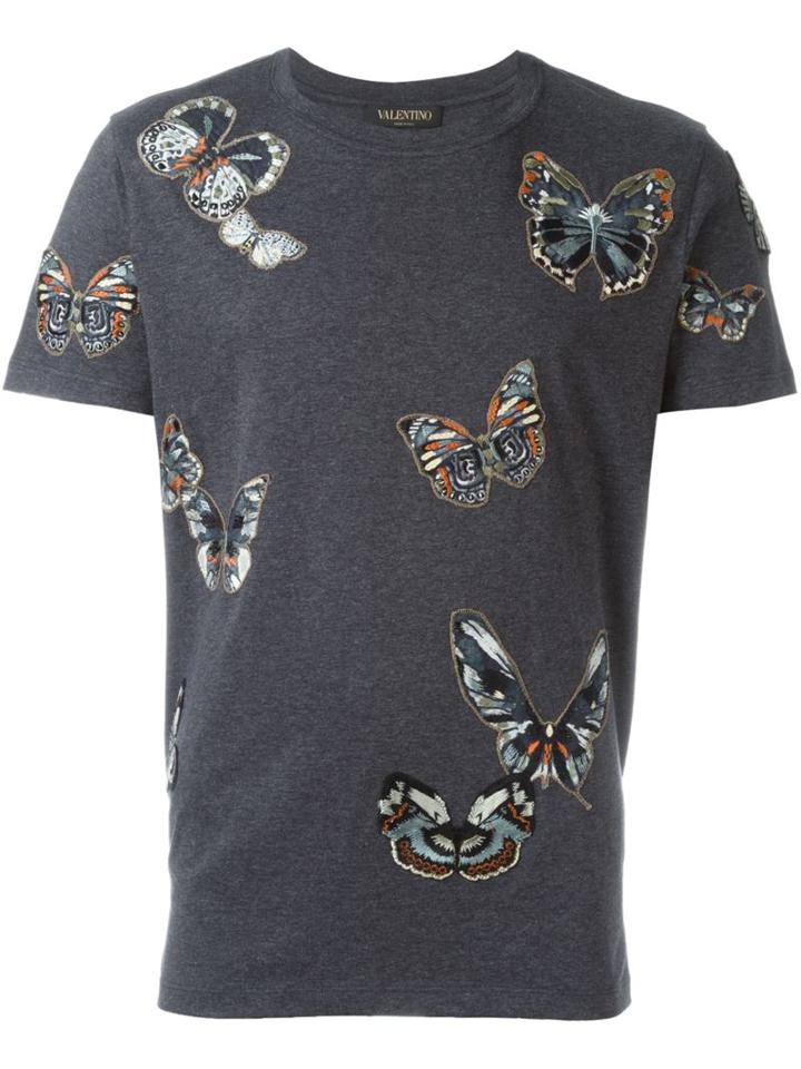 Valentino Embroidered Butterfly Design T-shirt, Men's, Size: Small, Grey, Cotton
