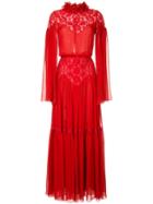 Costarellos Pleated Lace Gown - Red