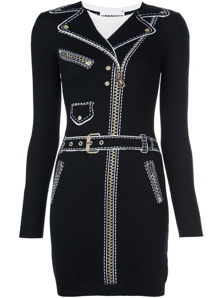 Moschino Trompe L'oeil Biker Dress, Women's, Size: 40, Black, Virgin Wool