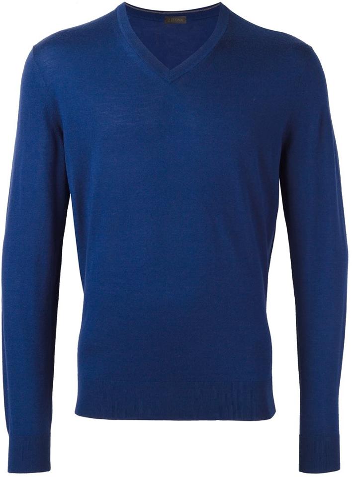Z Zegna V-neck Jumper, Men's, Size: Small, Blue, Wool