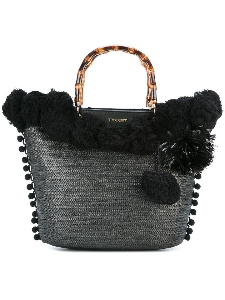 Twin-set Pompom Tote, Women's, Black, Polyester/polyurethane