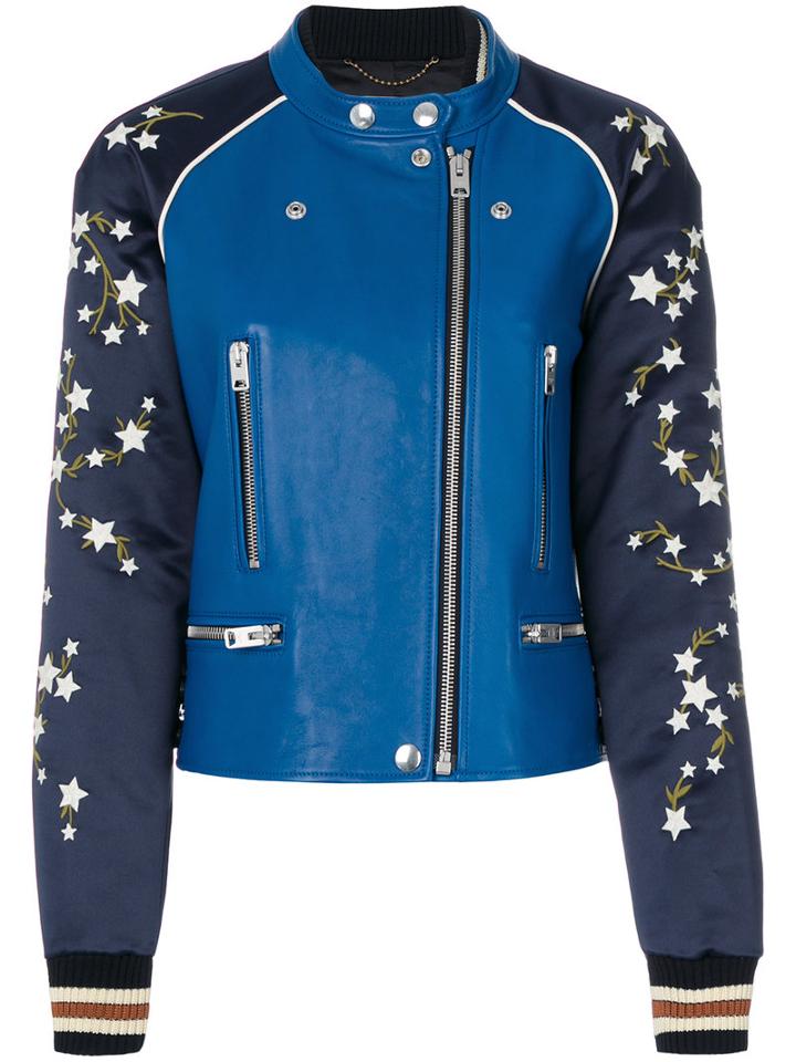 Coach - Embroidered Bomber Jacket - Women - Lamb Skin/polyamide/polyester/wool - 4, Blue, Lamb Skin/polyamide/polyester/wool