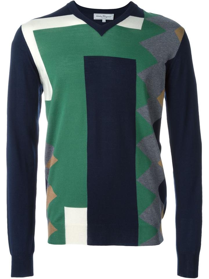 Salvatore Ferragamo Colour Block Intarsia Jumper, Men's, Size: Large, Blue, Virgin Wool