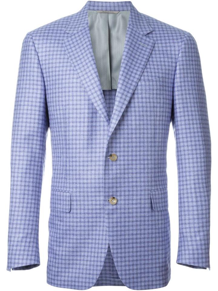 Canali Check Print Two Button Blazer, Men's, Size: 52, Blue, Silk/cupro/cashmere