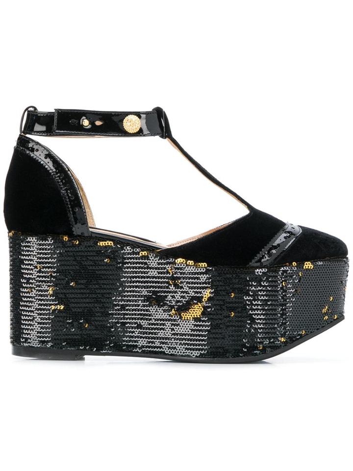 Rue St Sequined Platform T-bar Sandals - Black