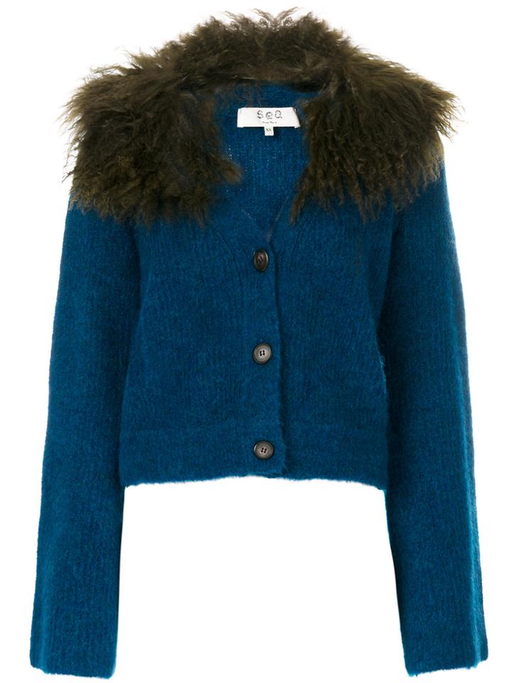 Sea Lamb Fur Trim Cardigan - Blue