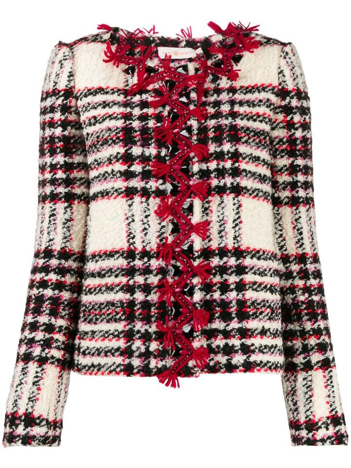 Tory Burch Embroidered Crystal Buttons Tweed Jacket - White